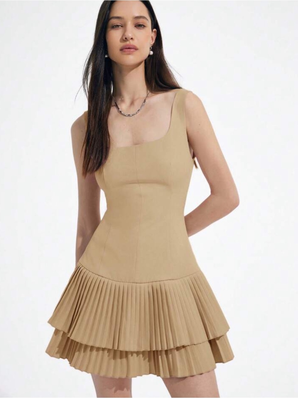 Sleeveless Pleated Tiered Mini Dress in Beige